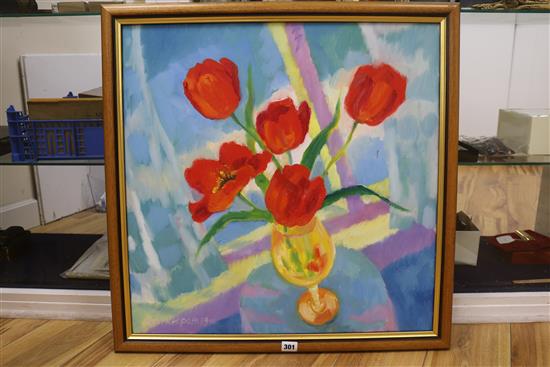 Kim Redpath (Scottish b. 1925), oil on canvas, still life of poppies in a glass, signed and dated 89 III, approx 60 x 60cm